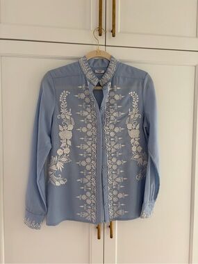 Vilshenko vyshivanka embroidered  Pale Blue Button-Front Blouse